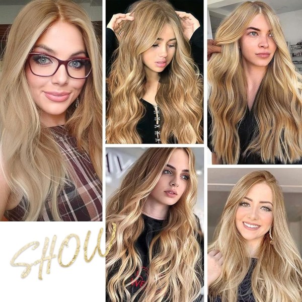 Lång blond peruk för kvinnor - naturligt vågigt hår i mitten