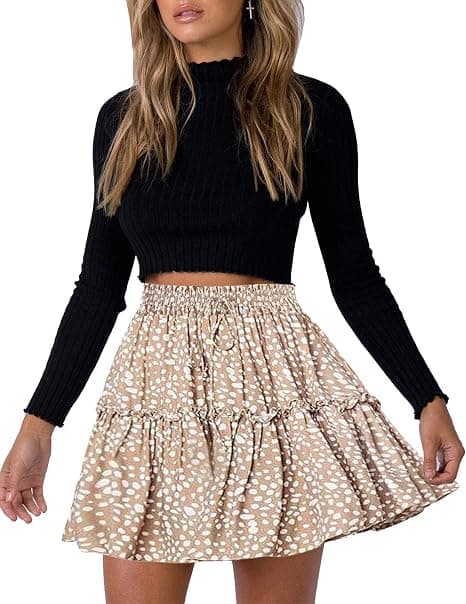 Print för kvinnor med hög midja volang Boho-minikjol (khaki, M)