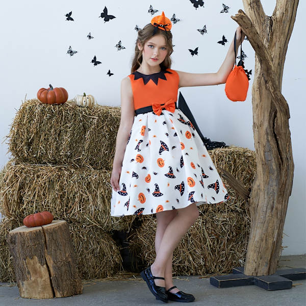 Tjejer Halloween Klänning Semester Casual Häxa Pumpa Cosplay kostym för barn AWS025 Set A Size 130