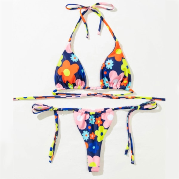 Tvådelad kvinnlig printed mjuk väska Bikini knuten Kvinnor Sexig baddräkt Strandkläder Färgglada Populära Lila badkläder Small green flower M