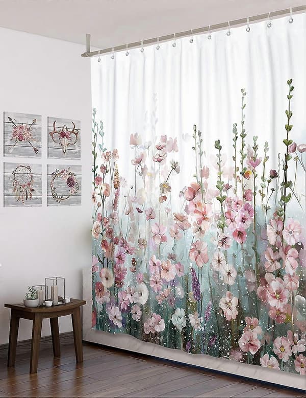 Färgglatt Duschdraperi med Rosa, Romantiska Vildblommor för Badrum