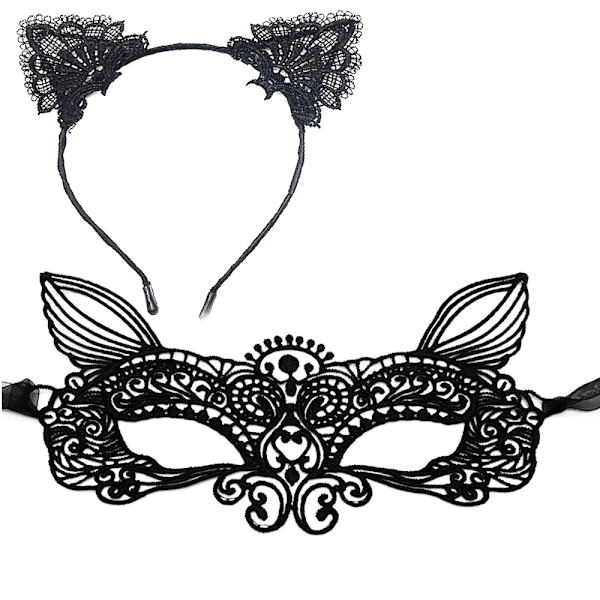 Halloween Catwoman -setti, Musta Pitsi Kissan Korvat Seksikäs Maskaradi Silmämaski shape5