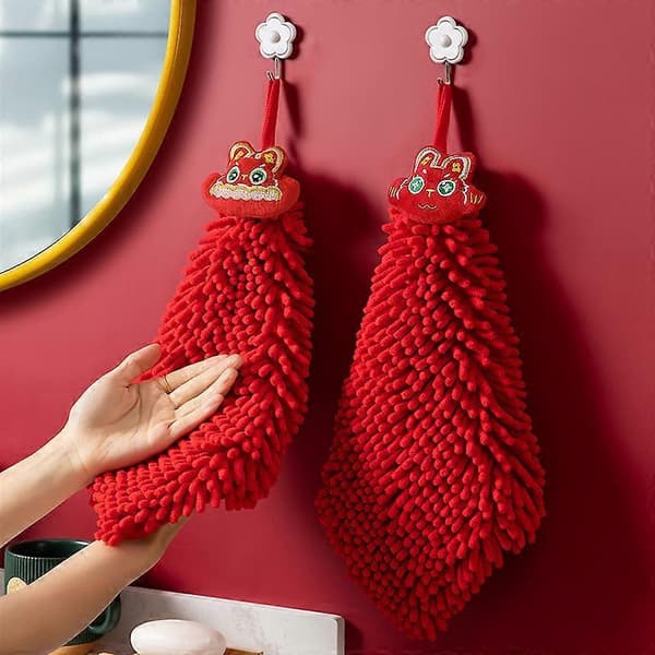 Chenille handduk, söt absorberande näsduk för kök och badrum, röd