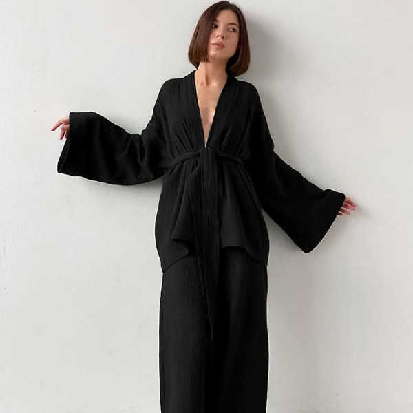 Bomuld Kimono Pyjamas Sæt Til Dame Crepe Dampærmet Bukser Dame Natkjole Kostume Dame Hjemmeservice Badekåbe Black L