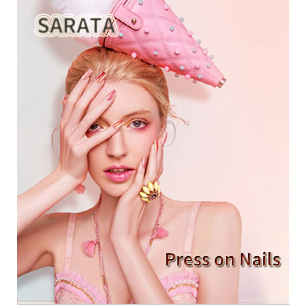24 press-on naglar, 3D strass kista falska naglar design, glans
