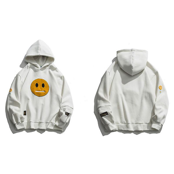 Smiley Patch uvtröja Herr Hip Hop Athleisure Pullover Jacka Herrtopp med dragkedjefickor på sidan L White