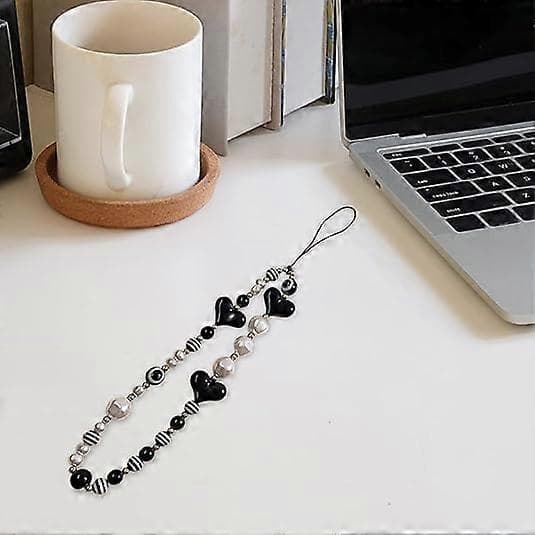 Perleperle Telefonkæde Kvinder Mobiltelefon Snor Sort Hjerteperler Farverig Perle Telefon Charm Universal Telefon Snor Håndledsrem