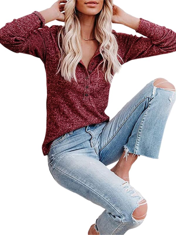 Kvinnor V-ringad Toppar Knapp Henley Skjorta Casual Långärmad Blus Pullover Wine Red XXL