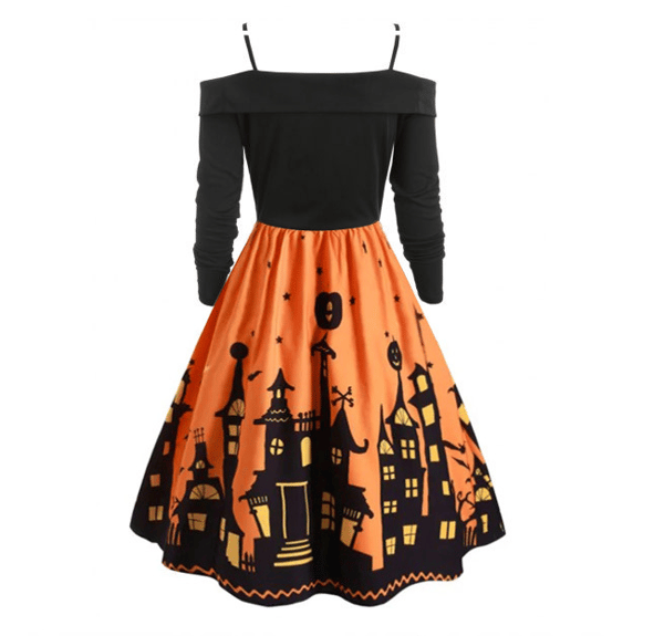 Halloween-klänning med printed festklänning för kvinnor orange M