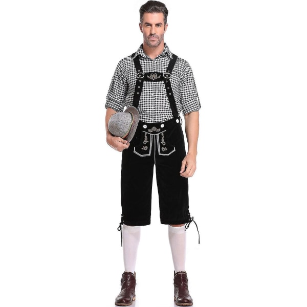 Bayersk Oktoberfest- set för män för utklädningsfest och ölfestival - Traditionell ederhosen, skjorta och hatt för Halloween-kostym Black L