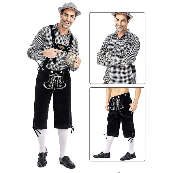 Bayersk Oktoberfest- set för män för utklädningsfest och ölfestival - Traditionell Lederhosen, skjorta och hatt för Halloween-kostym Black 2XL