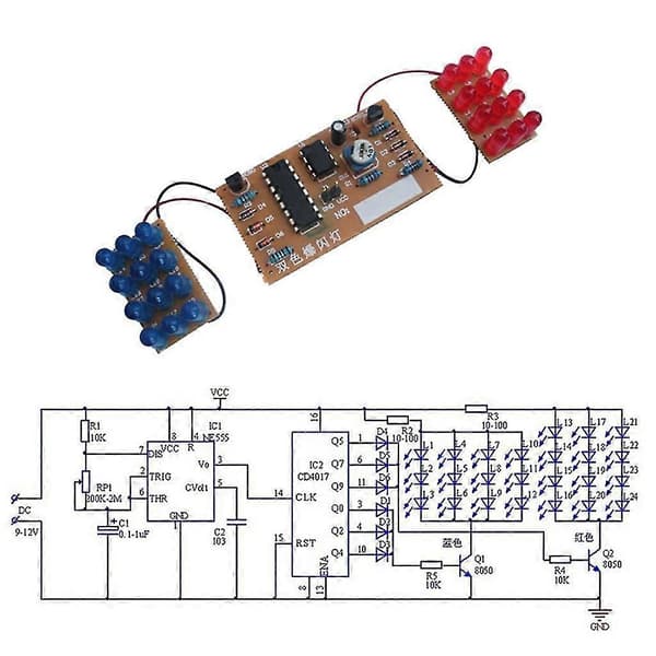 NE555 + CD4017 Dubbel LED Röd Blå Stroboskop Blinkande Lampor DIY Kit för DC 9V - 12V