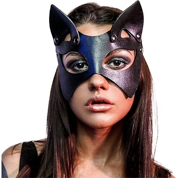Sexet Katte Maske I Pu Læder Med Katteører - Halv Cosplay Maske - Sort Katte Maske Til Karneval, Maskerade, Halloween