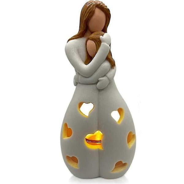 Mor og Datter Lysestake Resin Dekorativ Statue Ornament Med LED