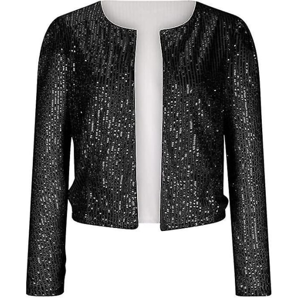 Dame Pailletjakke Åben Front Jakke Party Jul Pufærme Glitrende Frakker Black 2XL