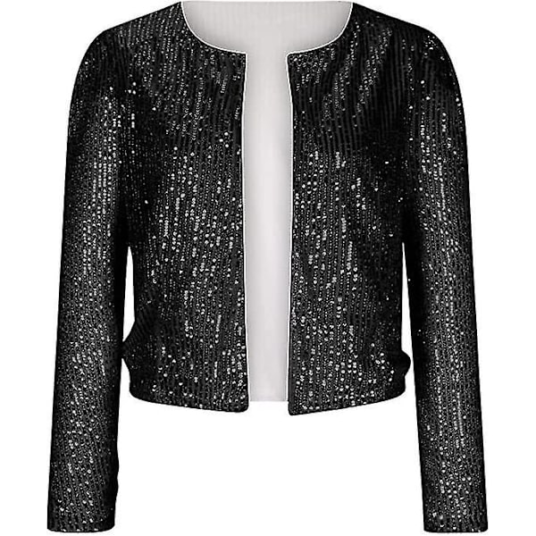 Kvinder Pailletjakke Åben Front Jakke Party Jul Puff Ærme Sparkly Frakker Black S