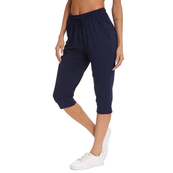 Dame Capri Bukser Elastisk midje Ensfarget Yoga bomull Bukser Navy Blue XL
