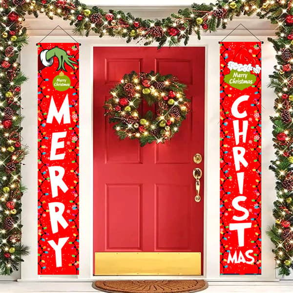 Merry Christmas Grinch Banners Hängande Xmas Couplet Veranda Dekor A