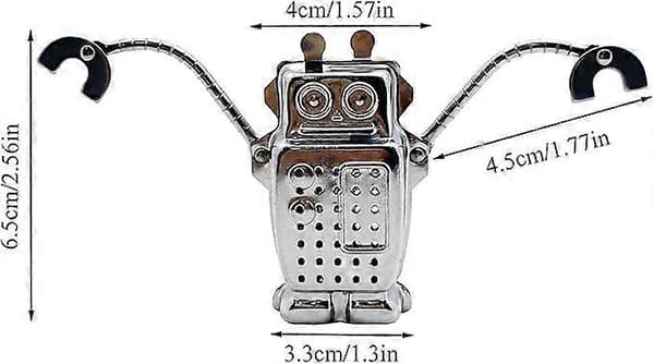 4 stk. te-infuser i rustfrit stål, robotformet med lang kædekrog, te-si, ske, sukker- og mel-sigter, filtre, te-intervaldiffuser til løs te