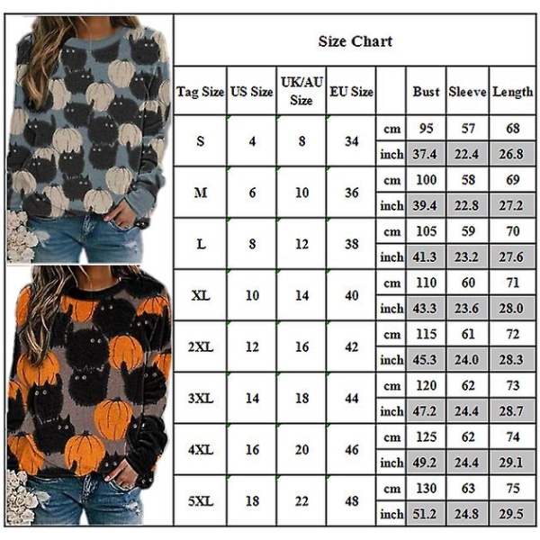 Halloween Græskar Kat Print Langærmet Trøje Pullover M Orange