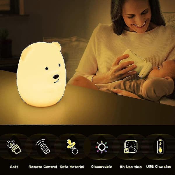 LED Nattlampor för Barn - USB Uppladdningsbara Djur Silikonlampor med Touchsensor och Fjärrkontroll (vit)