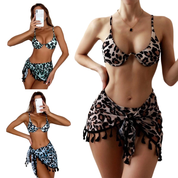 Tredelad kvinnlig printed mjuk väska Bikini knuten dam Sexig baddräkt Strandkläder Perspektiv Populära delade badkläder Coffee color M