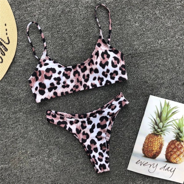 Dame Leopard Bikini Sæt Strappy Bandeau Badedragt Badetøj Pink L