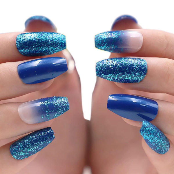 Medium Coffin Nails, Blue Gradient Nails Glitter Fake Nails