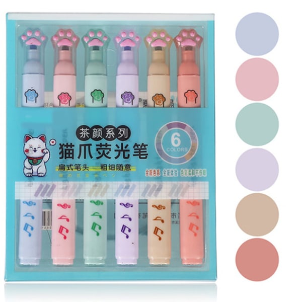 6 stk/sett e Cat Paw Highlighter Soft Oblique Nib Student Drawin A