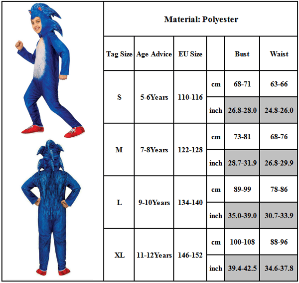 Sonic The Hedgehog Cosplay kostymeklær for barn, gutter, jenter Jumpsuit+huva+handske 9-10 år = EU 134-140