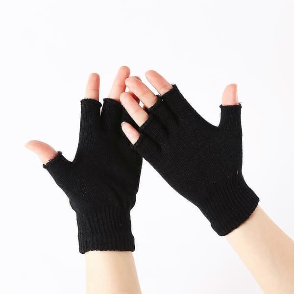 Dame Vinter Halvfingerhandsker Varme Strikkede Fingerløse Handsker, Sort