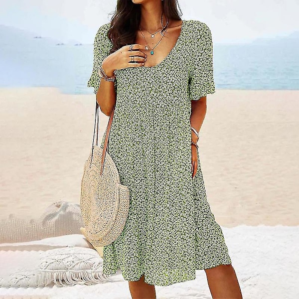 Kvinnor Kortärmad Sommar Strand Solklänning Casual Holiday idi Klänning Blommönster Print Klänningar Green M