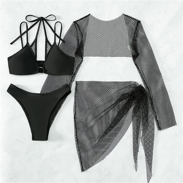 4 stk/sett Badedrakt for kvinner Linnen BH String Plissert skjørt Uthult Badedrakter Halter String Badeklær Black M