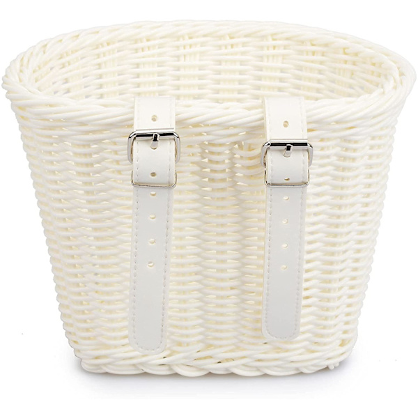 Barn Cykelkorg Fram Vävd Wicker Cykelkorg Med Styre Streamers White