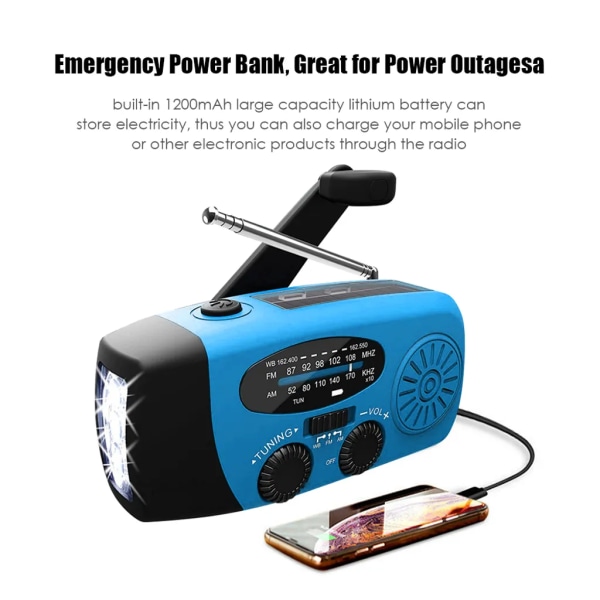 Emergency Solar Håndsveiv 1200mAh AM FM NOAA Værradio LED-lys USB-lader utendørs