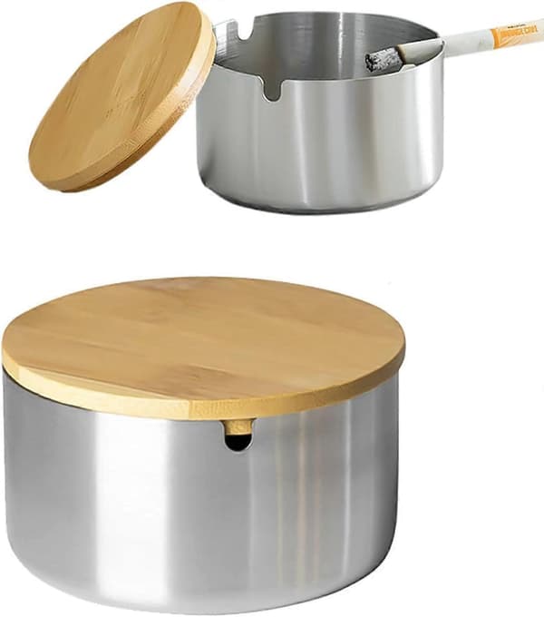 Askkopp med lock Utomhus Askkopp i rostfritt stål Bambu Retro Design Vindtät Luktsäker Askkopp för Hem Kontor Lägenhet Sovrum Balkong Soffbord