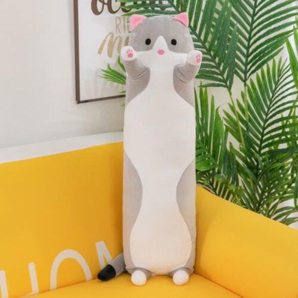 Lång söt katt gosedjur plysch leksak docka kudde mjuk kudde Grey 70cm