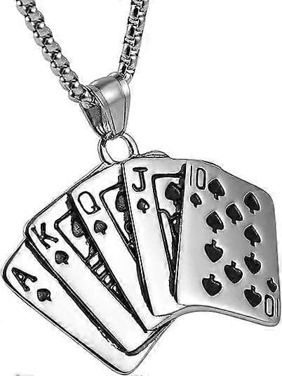 Mænd Punk Hip Hop Vedhæng Rustfrit Stål Straight Flush Spillekort Halskæde 22