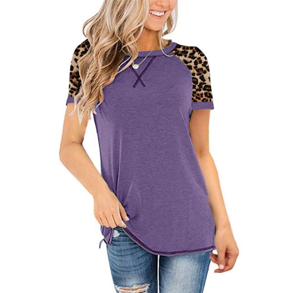 Printtikuvioitu naisten lyhythihainen toppi pyöreällä pääntiellä Purple,XL