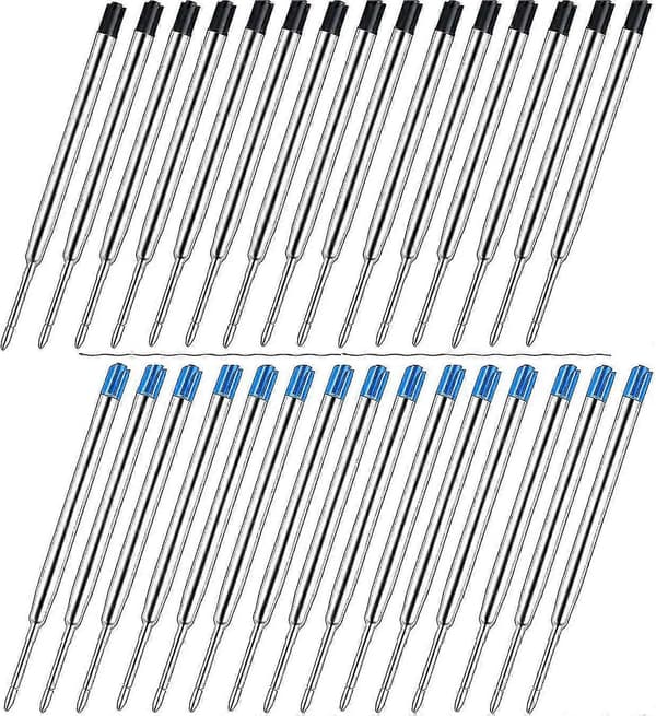 30 stk. refill til kuglepenne, 15 sorte og 15 blå kuglepenne-refill, G2 1,0 mm