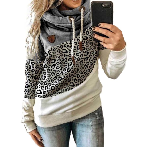 Hettegenser for dame med turtleneck sweatshirt hoodie sport camo genser Leopard + grey M