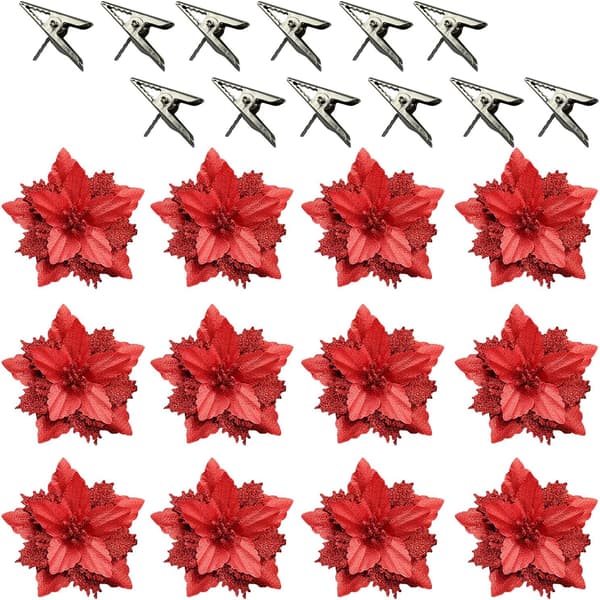 12-pack konstgjorda julstjärna blommor för dubbellager glitter