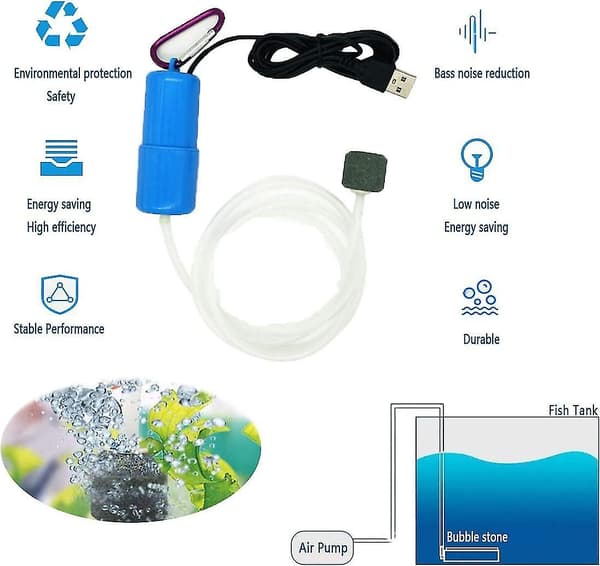 Mini USB Aquarium Luftpump Luftstensslang Blå