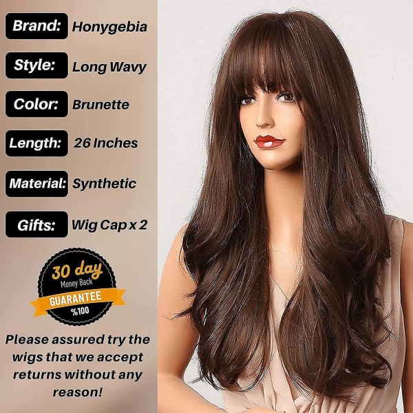 Mörkbrun peruk med lugg - långa vågiga brunettperuker för kvinnor, chokladbrun syntetisk värmebeständig