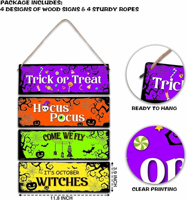 4 delar Halloween-dekor Barnrum Väggdekor träskylt, 11,8x3,9