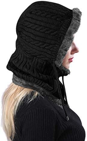 #2 i 1 Strikket Fleece Hat - Sort Vinter Halsvarmer Ørevarmere Cyc#