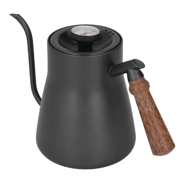 850 ml Pour Over Kaffekedel med Termometer Rustfrit Stål Svanehals Kaffekande med Træhåndtag
