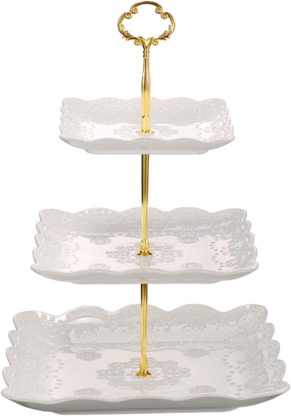3-lags porselens cupcake-stativ, etasjert kakeserveringsstativ