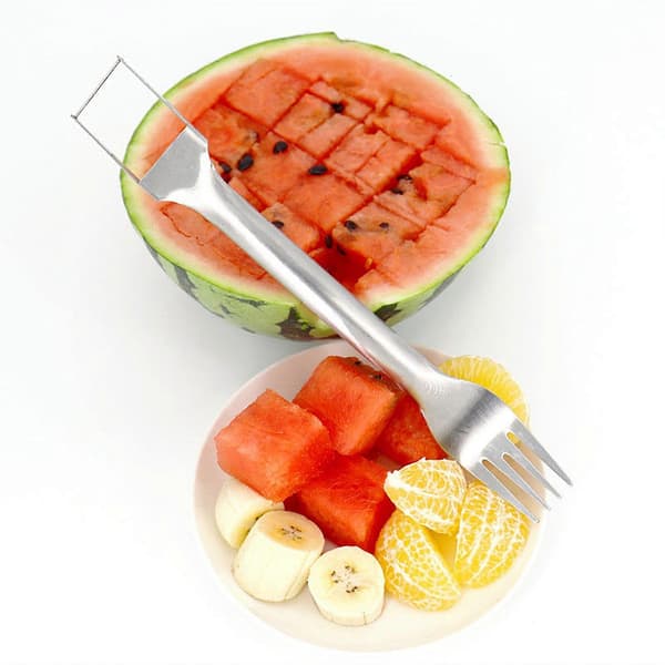 Vannmelon Gaffel Skjærer Kreativ Dobbelthode Rustfritt Stål Sommer Vannmelon Fruktskjæringsgaffel Hjemmeforsyning