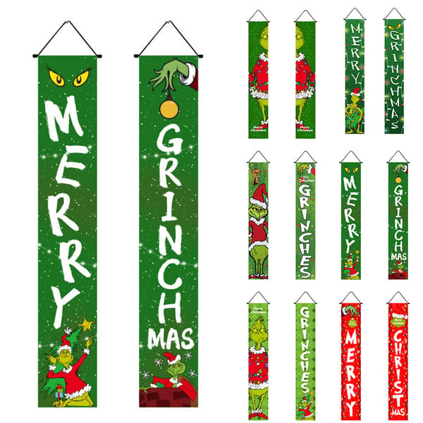 Merry Christmas Grinch Banners Hängande Xmas Couplet Veranda Dekor E